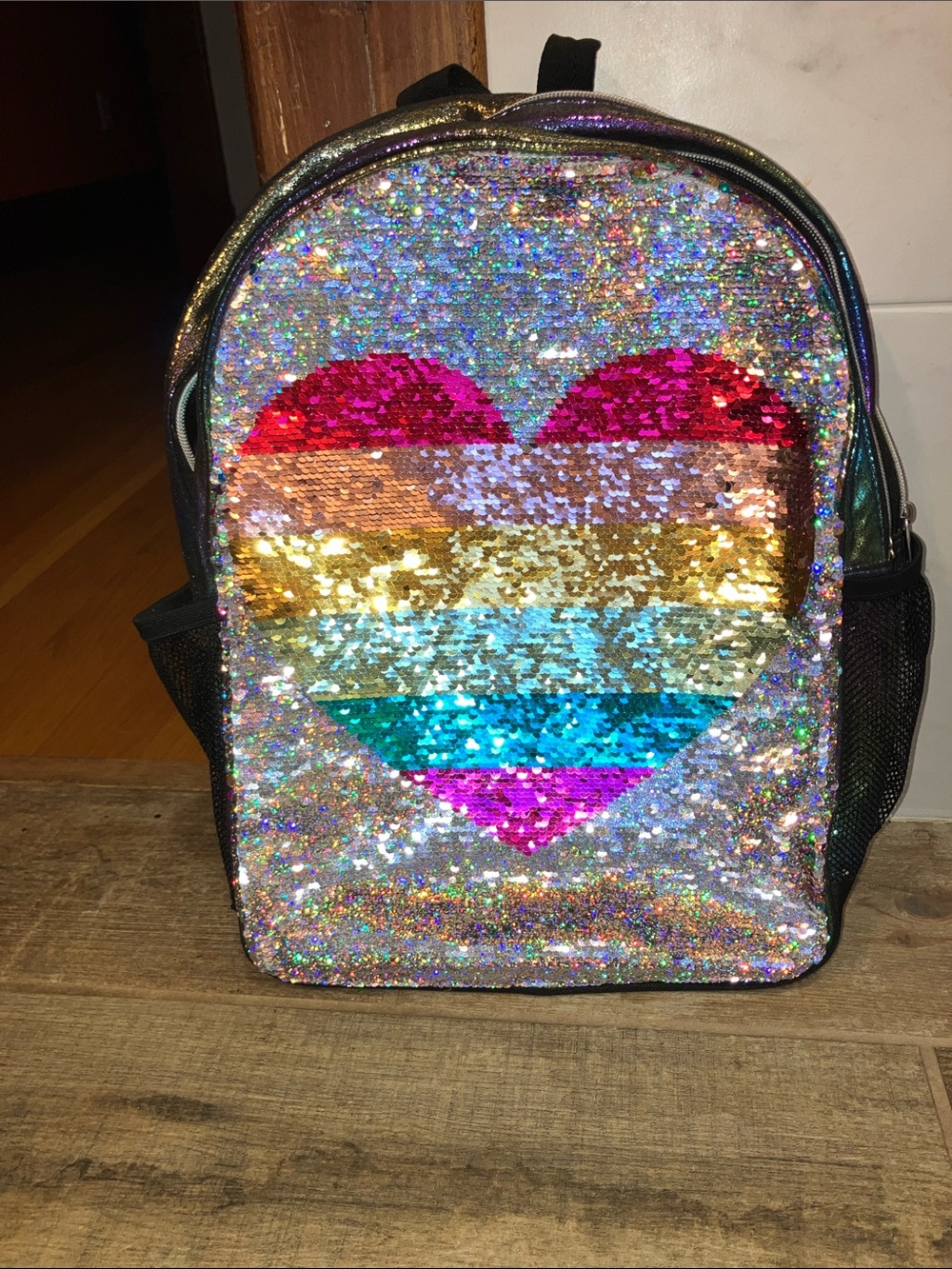 The Children's Place Silver Sequin Backpack with Rainbow Heart